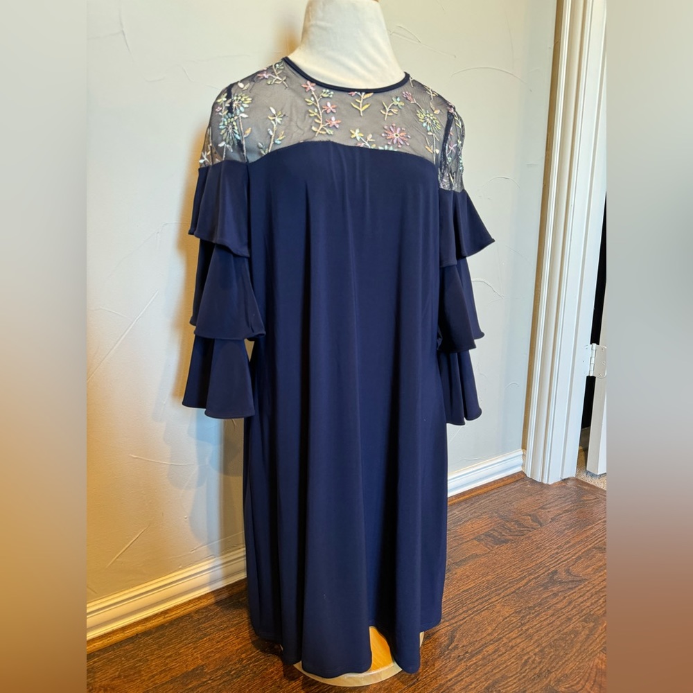 NWT - Blue Dress with Sheer and floral top. size 12. Gabby Skye